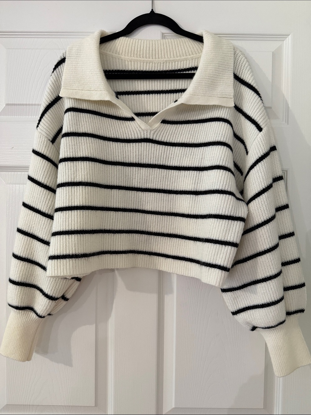 Cropped White & Black Stripe Collared Sweater